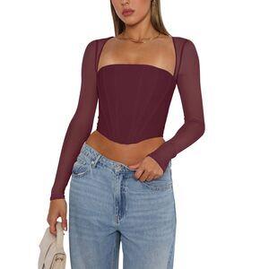 4969 Fall Fashion Mesh Long Sleeve Square Neck Boned Corset Tops Sexy